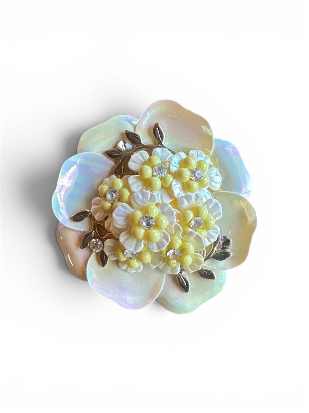 Coro Iridescent White and Yellow Flower Cluster Brooch